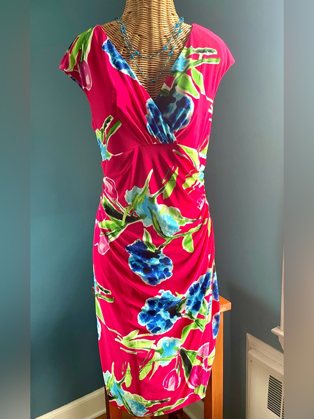 Lauren Ralph Lauren Red Pink Floral Faux Wrap Dress Stretch Size 16